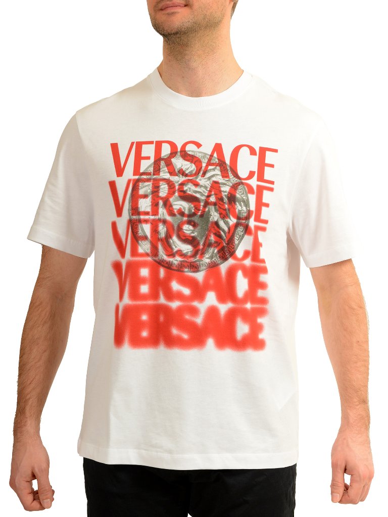 Versace Men's Logo Print White Crewneck Short Sleeve T-Shirt Us 2xl It 56